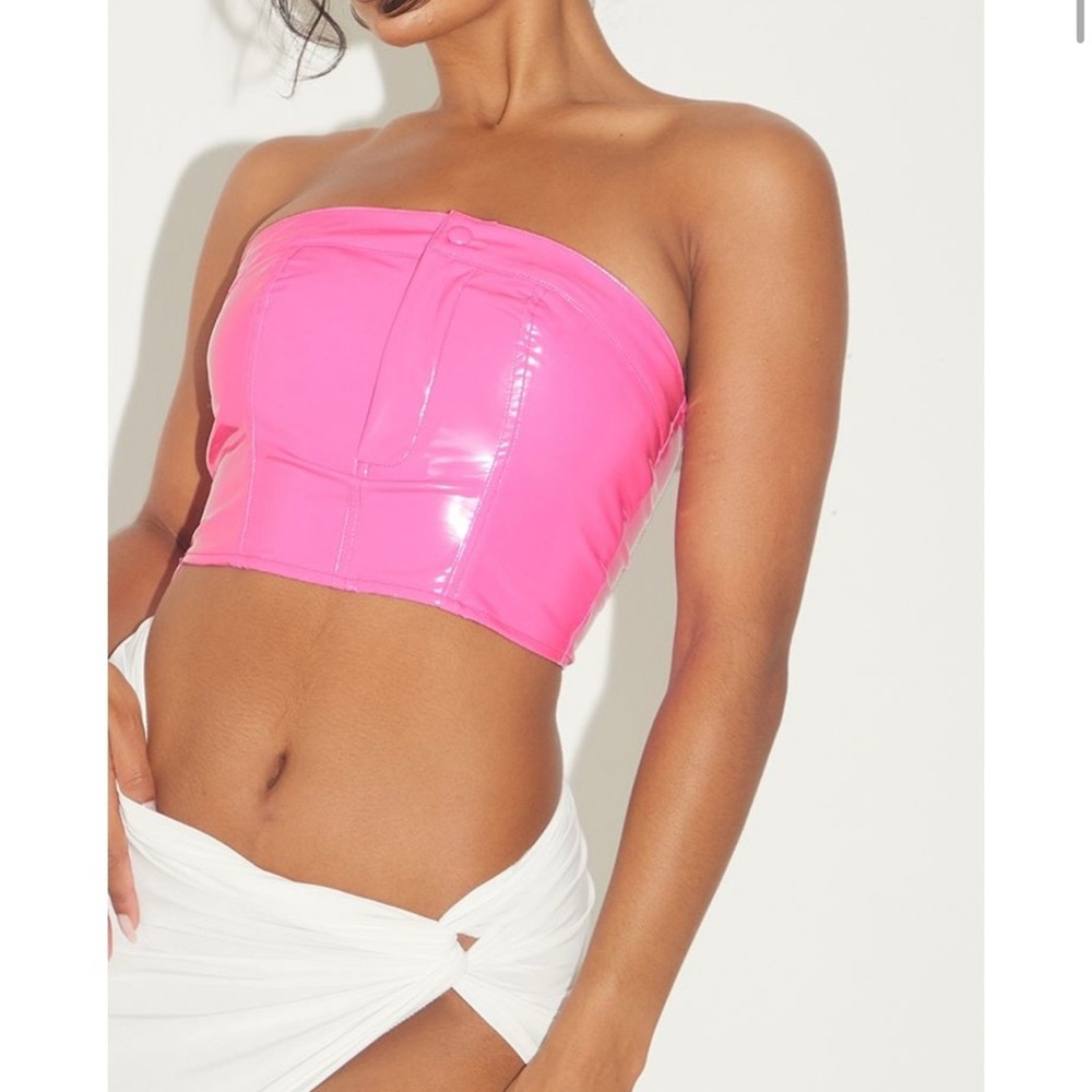 Hot Pink Metallic Faux Leather Popper Detail Corset Crop Top